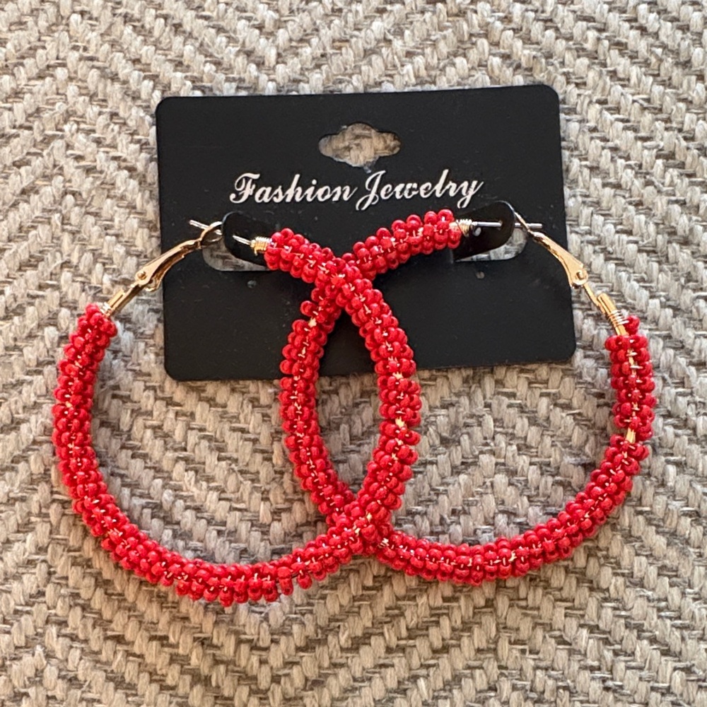Fashion Jewelry Vibrant Red Beaded Large Hoop Earrings